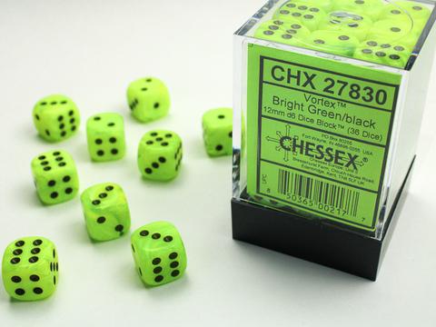 Chessex: Vortex 12mm W6 Bright Green/black Würfel Block (36)