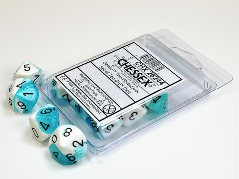 Gemini polyhedral white-teal w/black set of ten d10s