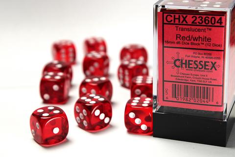 12 Red with white Translucent 16mm D6 Dice