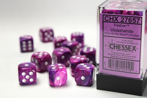 Festive 16mm d6 Violet/white Dice Block (12 dice)