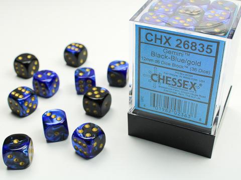 Chessex: Gemini 12mm W6 Black-Blue/gold Würfel Block (36)