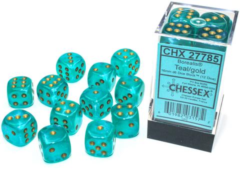 Borealis 16mm d6 Teal/gold Luminary Dice Block (12 dice)