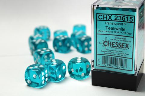 Chessex: Translucent 16mm W6 Teal/white Würfel Block (12)