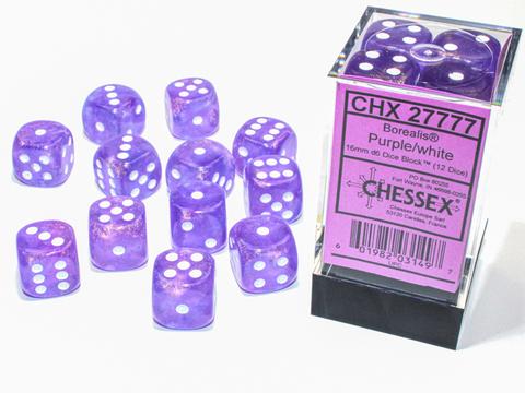 Borealis 16mm d6 Purple/white Luminary Dice Block (12 dice)