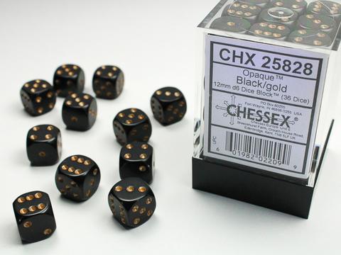 Chessex: Opaque 12mm W6 Black/gold Würfel Block (36)